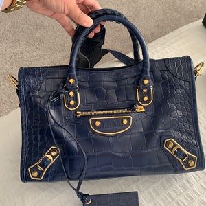 Auth Balenciaga small city in mock croc royal blue